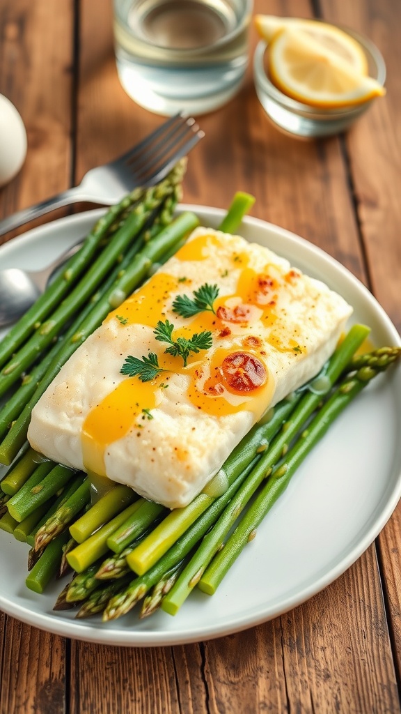 Plated garlic butter cod with asparagus, garnished with parsley, on a rustic table.